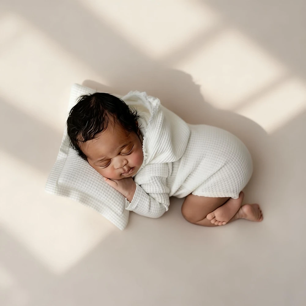 Newborn Baby White Waffle Hooded Romper Photography Outfit Infant Photo Shoot Baby Costume Newborn Wrap Bodysuit Props Outfit