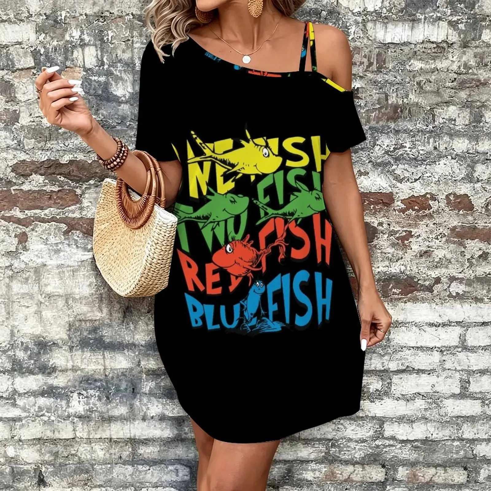 One Fish Two Fish Red Fish Blue Women's Slanted Shoulder Single Strap Short-Sleeved Dress
