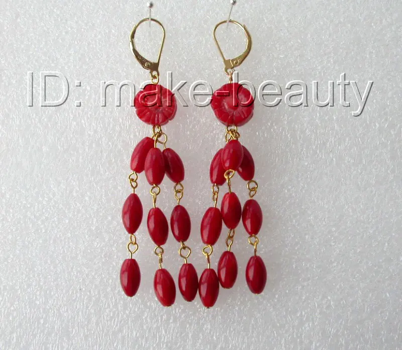 stunning classic red natural coral flower rice dangle earrings 14K h826