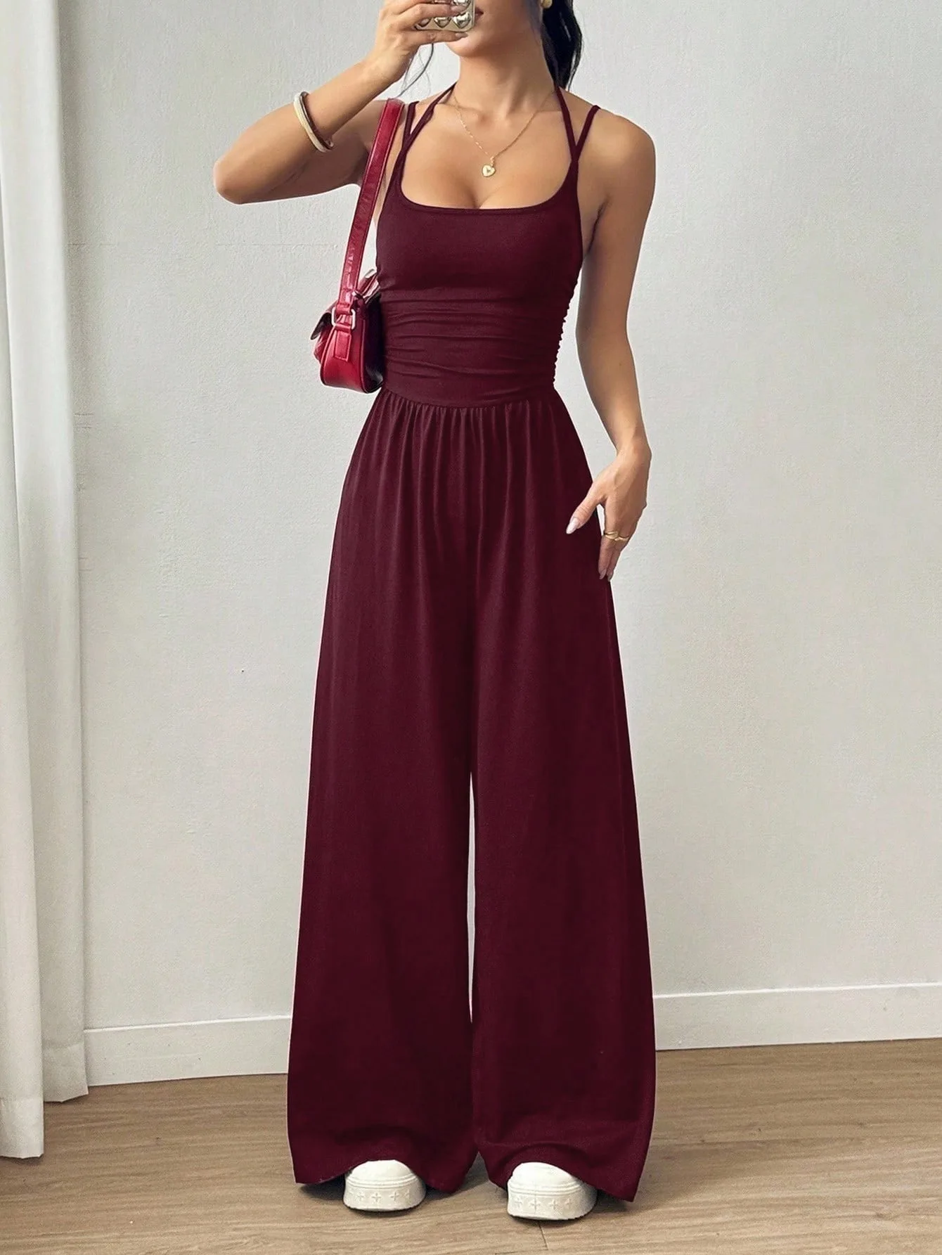 Mono casual de verano para mujer, color burdeos, con cuello halter ajustable, plisado, de pierna recta, ajuste cómodo, de una pieza.