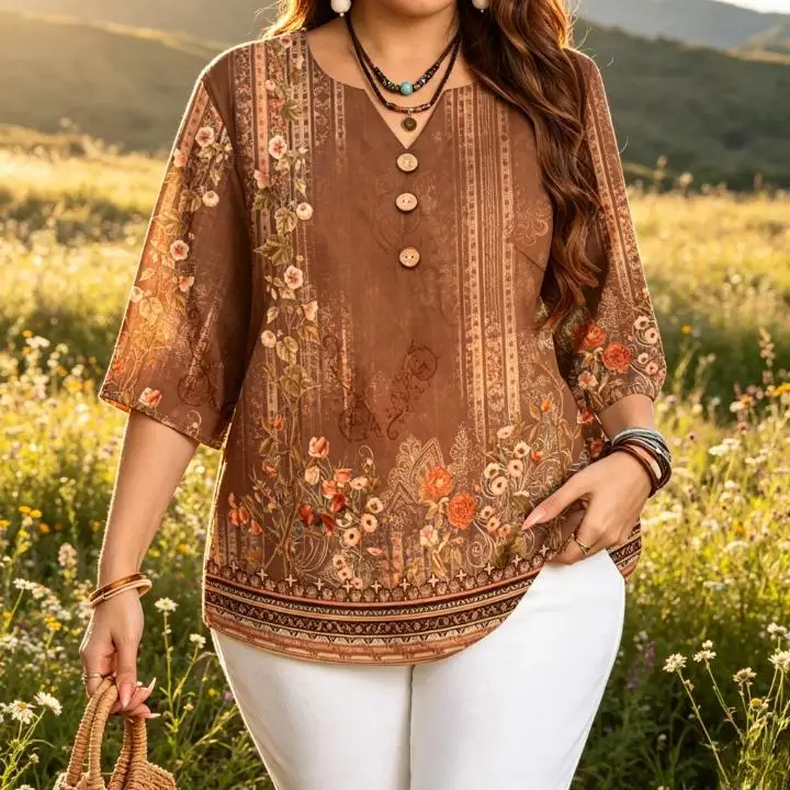 Boho Vintage Floral Print Blouses Notch V Neck Half Button 3/4 Sleeve Country Garden Casual Loose Women Shirts