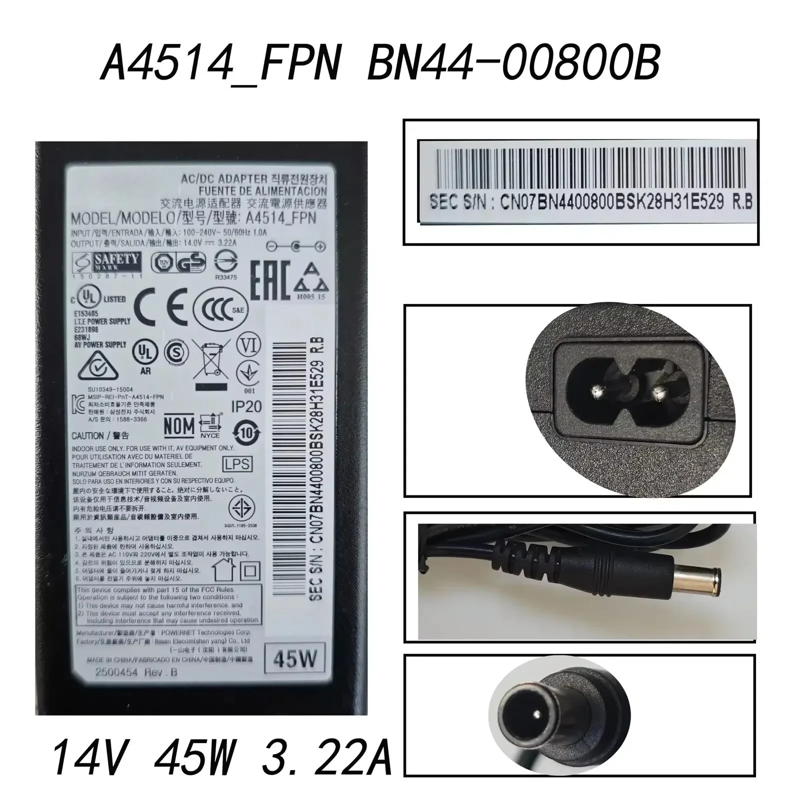 

Подлинный BN44-00800B A4514_FPN 14 В 3,22 А 45 Вт адаптер для монитора переменного/постоянного тока, зарядное устройство предназначен для дисплея S22A300B S20A350B S22A300