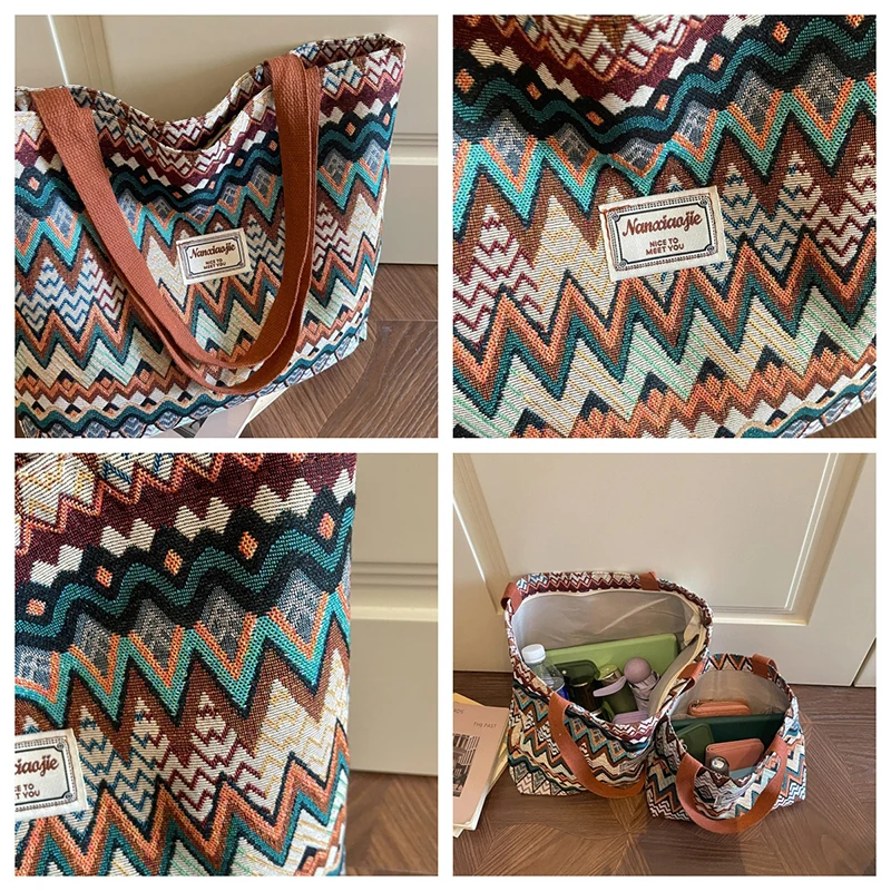 Bohemian Ethno-Stil Geometrischer Druck Canvas-Umhängetasche, Bunte Zickzack-Muster-Handtasche für Damen, Leichte Pendler-Tragetasche – Detail 3
