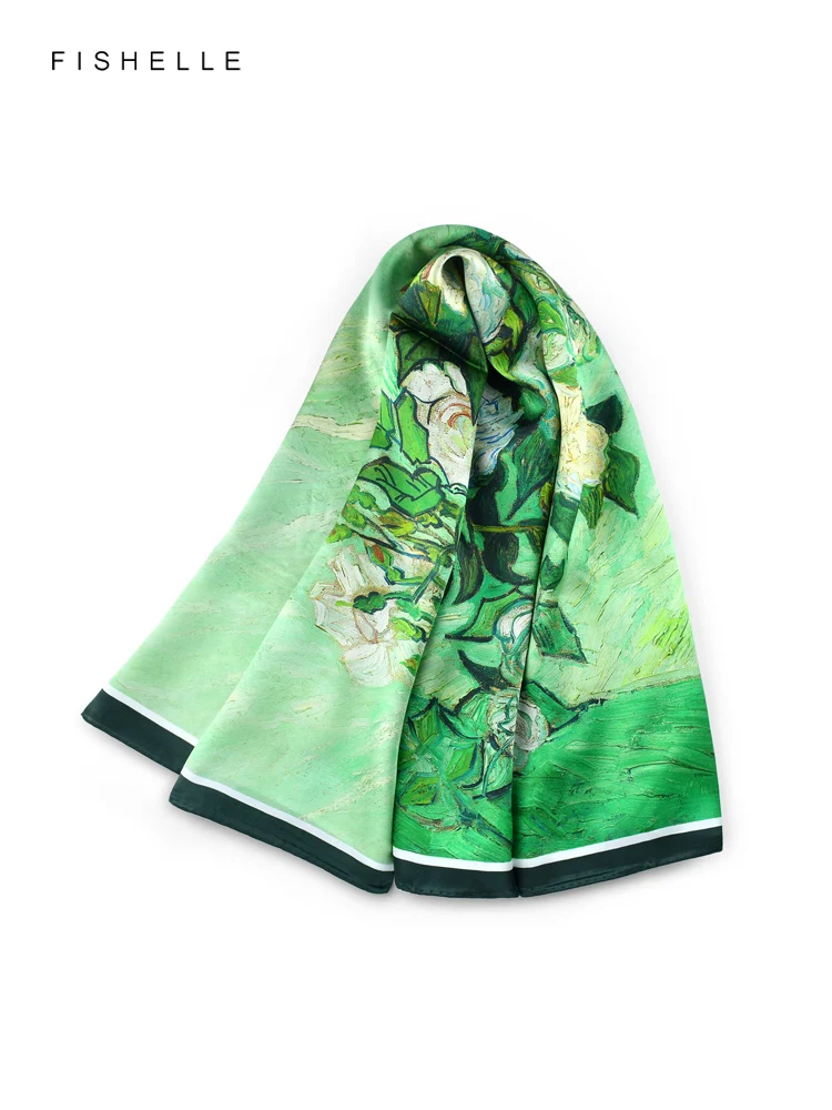 Green oil painting with white roses printed natural silk scarves women big square bandana spring autumn hijab real silk shawl