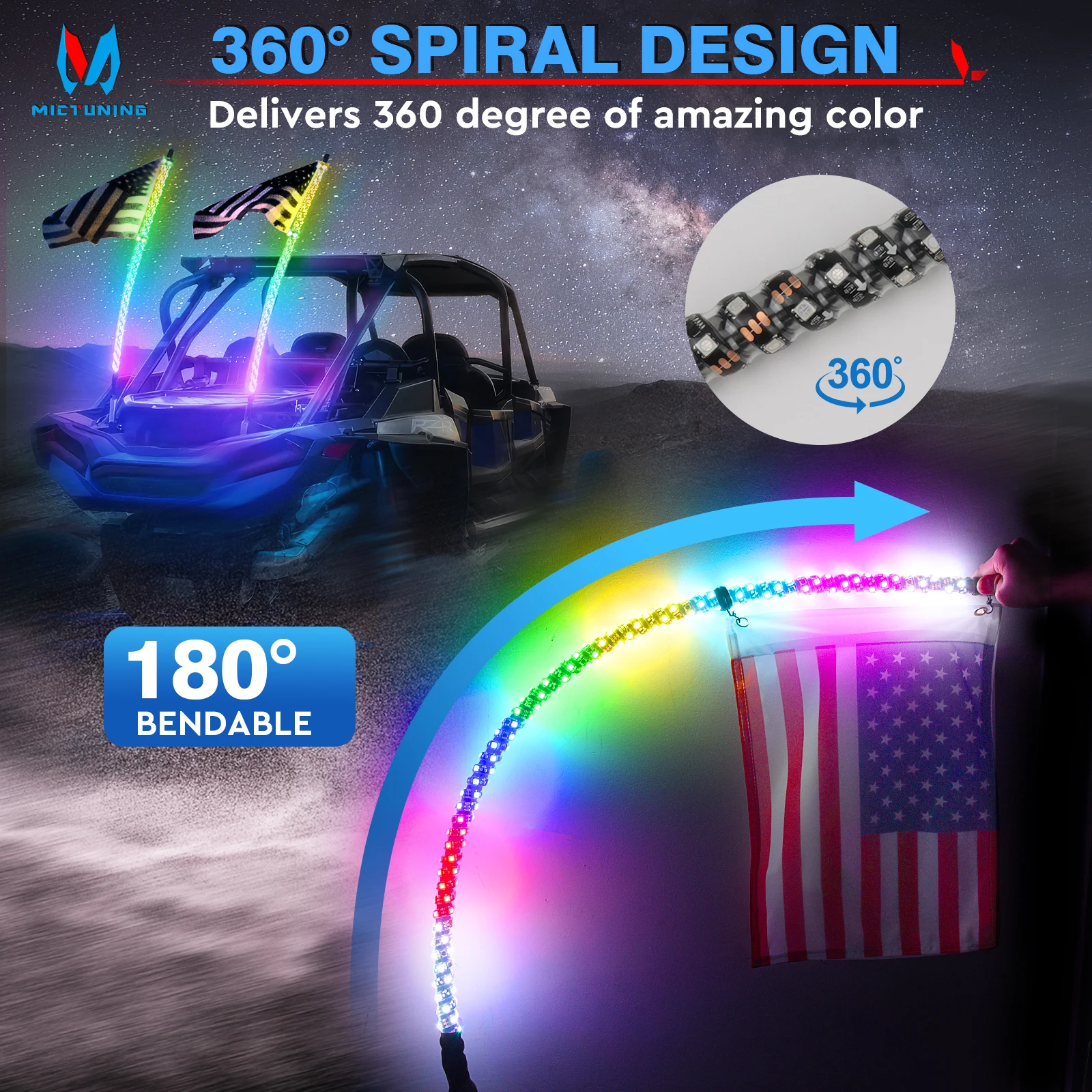 Mictuning 2pc 3 FT LED Whip Light RGB Waterproof Multi-Color Flagpole Lamp Bowlight for Offroad , SxS, ATV/UTV,RZR,Trucks