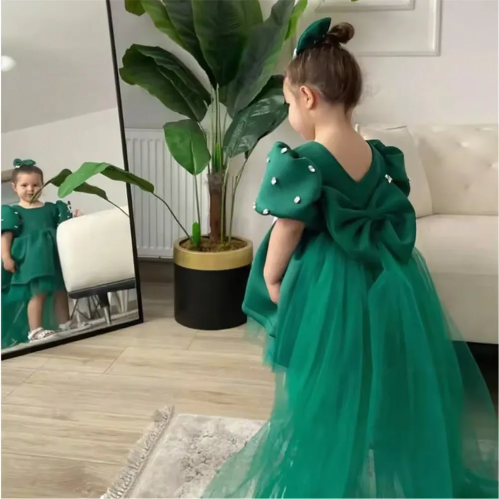 

Cute Green Flower Girl Wedding Dress Beaded with Bow Princess Birthday Party Pageant First Communion Ball Gown Customized