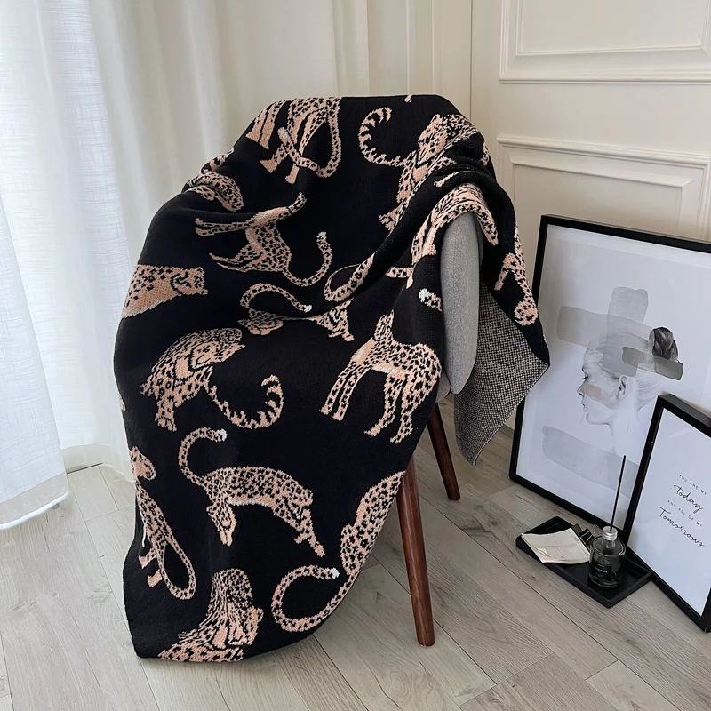 

Soft Black Knitted Blanket Leopard Bedspread Modern Decorative For Sofa Throw Warm Living Room Bedding Home Decorations