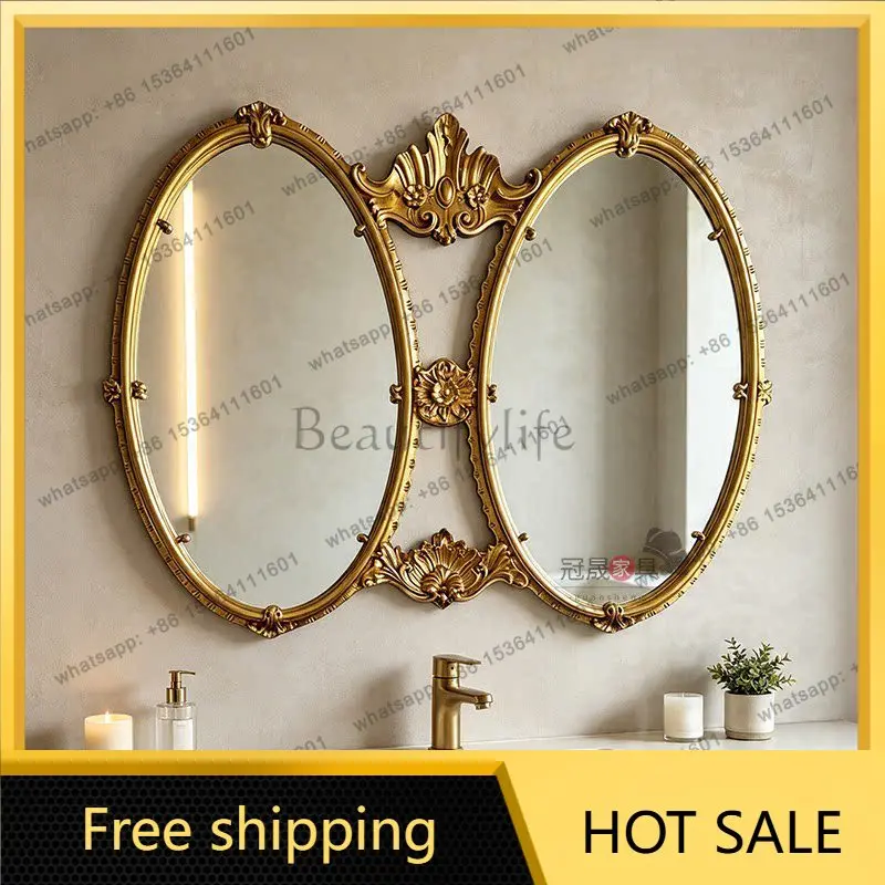 European retro oval bathroom mirror wall hanging living room wall combination French bedroom double-sided makeup mirror