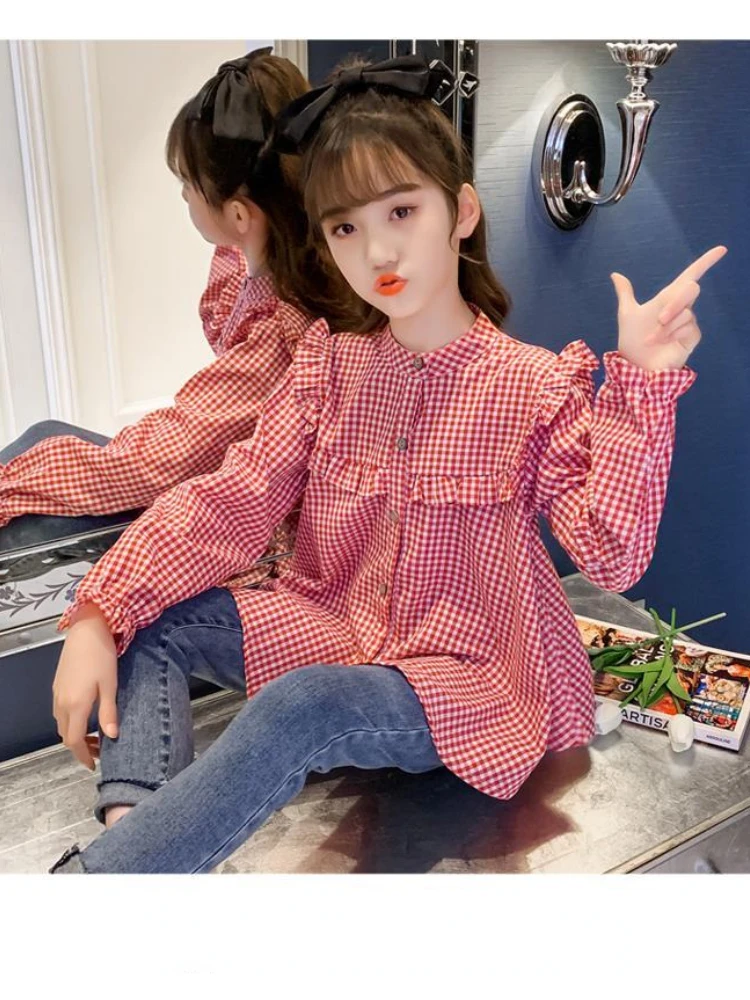 Shirts Kids Clothes Plaid Print 3-9Years Baby Long Sleeve Shirt Spring Autumn Tops Tees Shirts Children Girls Casual Blouse Q539