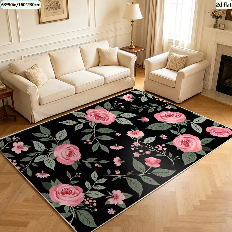 Black Base Carpet with Pink Rose Plant Pattern, Artistic Floral Pattern Carpet, Suitable for Living Room, Bedroom, and Home Interior Decoration