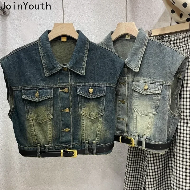 Vintage Sleeveless Women Denim Vest Jackets 2023 Ropa Mujer Fashion Streetwear Waistcoat Crop Tops Casual Fashion Tanks 7m017