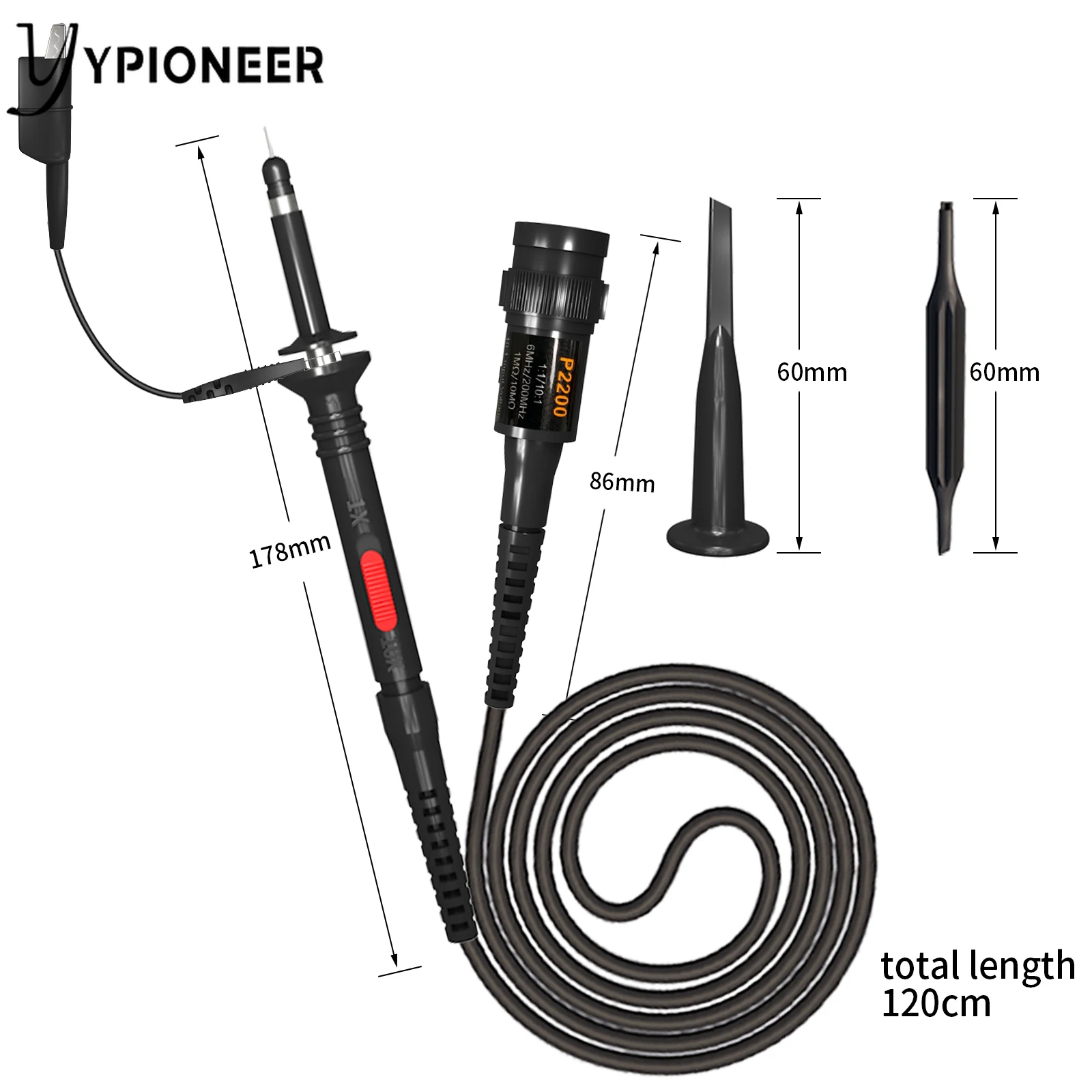 YPioneer P2200 2PCS Oscilloscope Probes 100Mhz 200Mhz X1/X10 Fully Insulated BNC End Probe with Accessories Kit