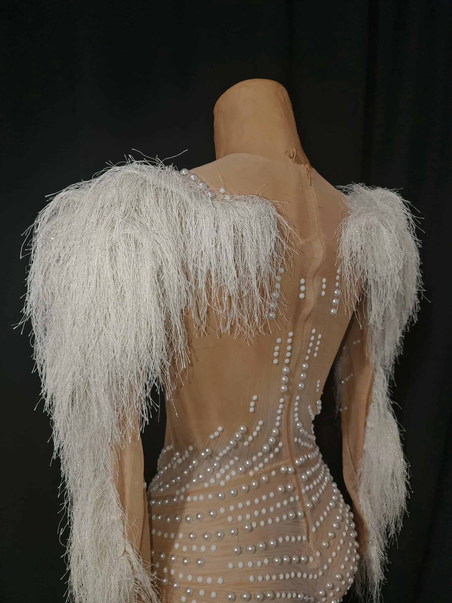 Women Sexy Shining Sequin Beading Bodycon Jumpsuit for Birthday White Feather Sleeve Prom Dress Photoshoot Stage Wear Bingshuang view 5