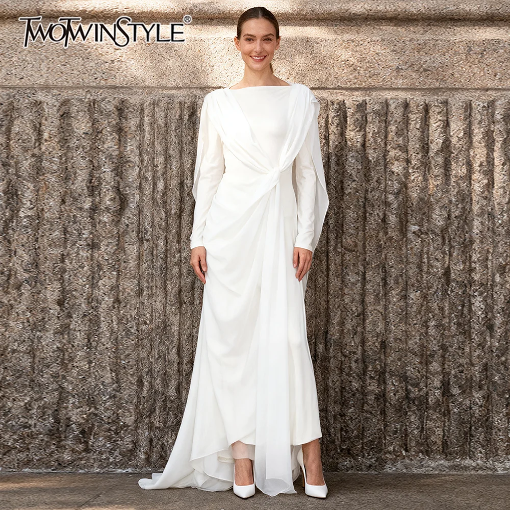 

TWOTWINSTYLE, однотонные элегантные платья с лентами для женщин, платье нестандартной формы с круглым вырезом и длинными рукавами, высокой талией, женская одежда