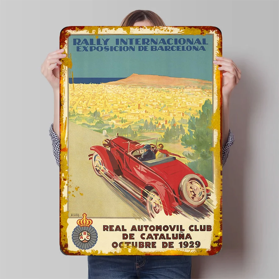 Póster de rally internacional de Barcelona Vintage, arte de pared de Metal, decoración de coche de carreras clásico 1929