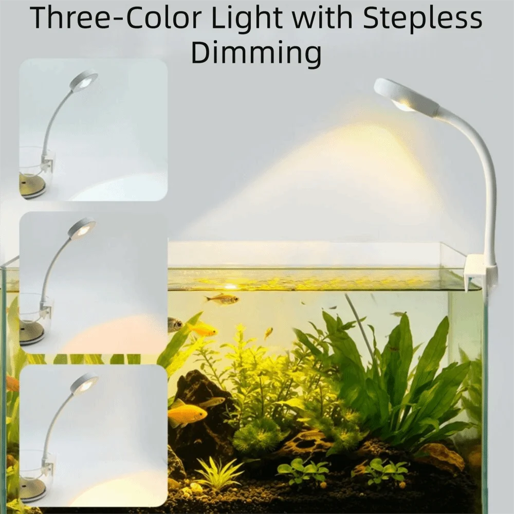 

Clip-On LED Fish Tank Light 3-color Gooseneck Design Aquarium Light Infinitely Variable Dimming 360° Adjustable Fish Tank Lamp