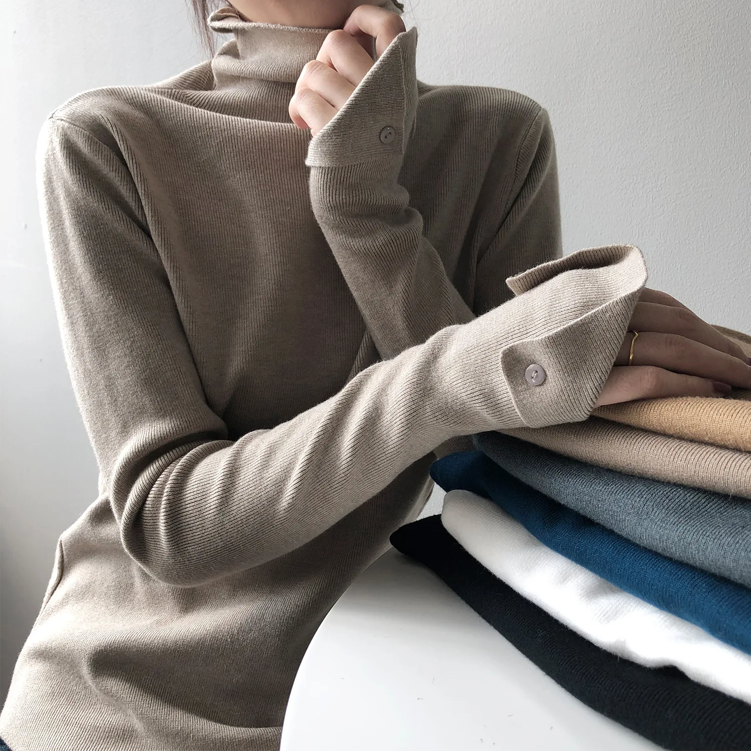 

Knitted sweater women's spring new style interior pullover solid color high neck long sleeved slim fit Korean version base shirt