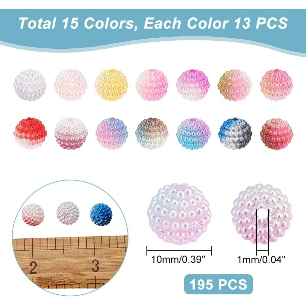 195 Pcs Berry Beads 15 Colors Imitation Pearl Acrylic Beads Round Rainbow Gradient Spacer Beads Charms for Bracelet Necklace