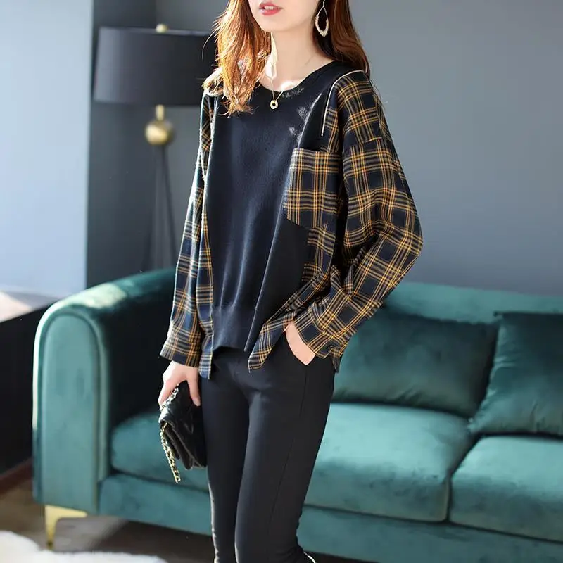 

Loose Korean Long Sleeve Pullovers Round Neck Casual T-shirt Plaid Printed Spliced Knitted Tops Spring Fashion Women's Clothing
