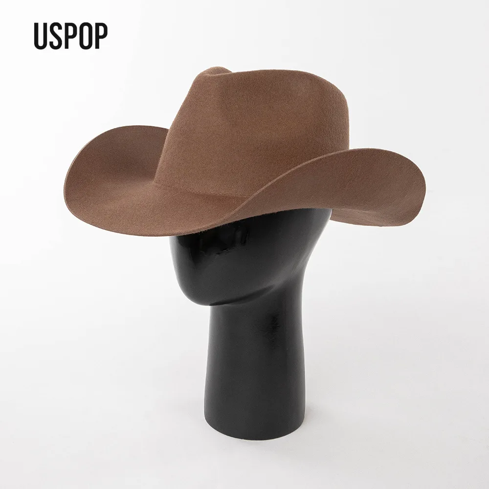

USPOP Plain Wool Cowboy Hat Wide Brim Felt Fedora Unisex Outdoor Sunshade Warm Cap Two Sizes 57 59cm