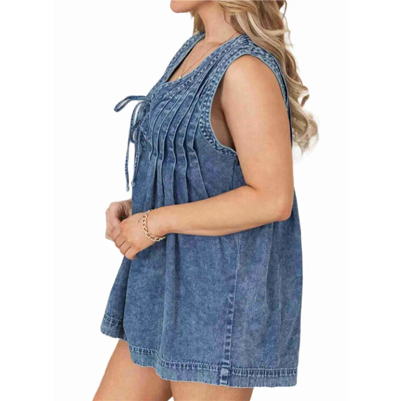 

A83F-Women's Sleeveless V Neck Shorts Denim Romper Tie Front Ruffle Jean Short Overall With Pocket