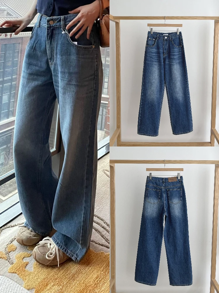 

High Waist Straight Leg Blue Jeans Women's Classic Loose Fit Casual Zipper Sle Autumn Season Ladies Faion plus Size