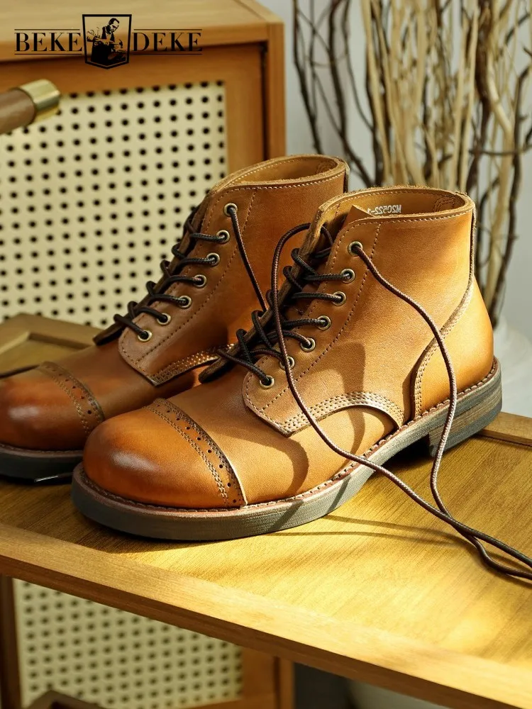 

Mens Round Toe Wing Tip Cowhide Genuine Leather Ankle Boots Lace Up High Top Vintage Business Work Safety Shoes Thick Platform