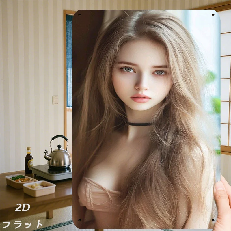 Vintage Stunning Blonde Beauty with Long Wavy Hair, Black Choker & Beige Lingerie Top Posing in Cozy Japanese Tatami Room wit