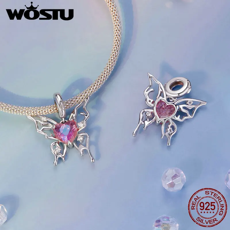 Wostu 925 prata esterlina rosa cristal borboleta charme coração rosa pingente lua contas caber pulseira original colar jóias diy