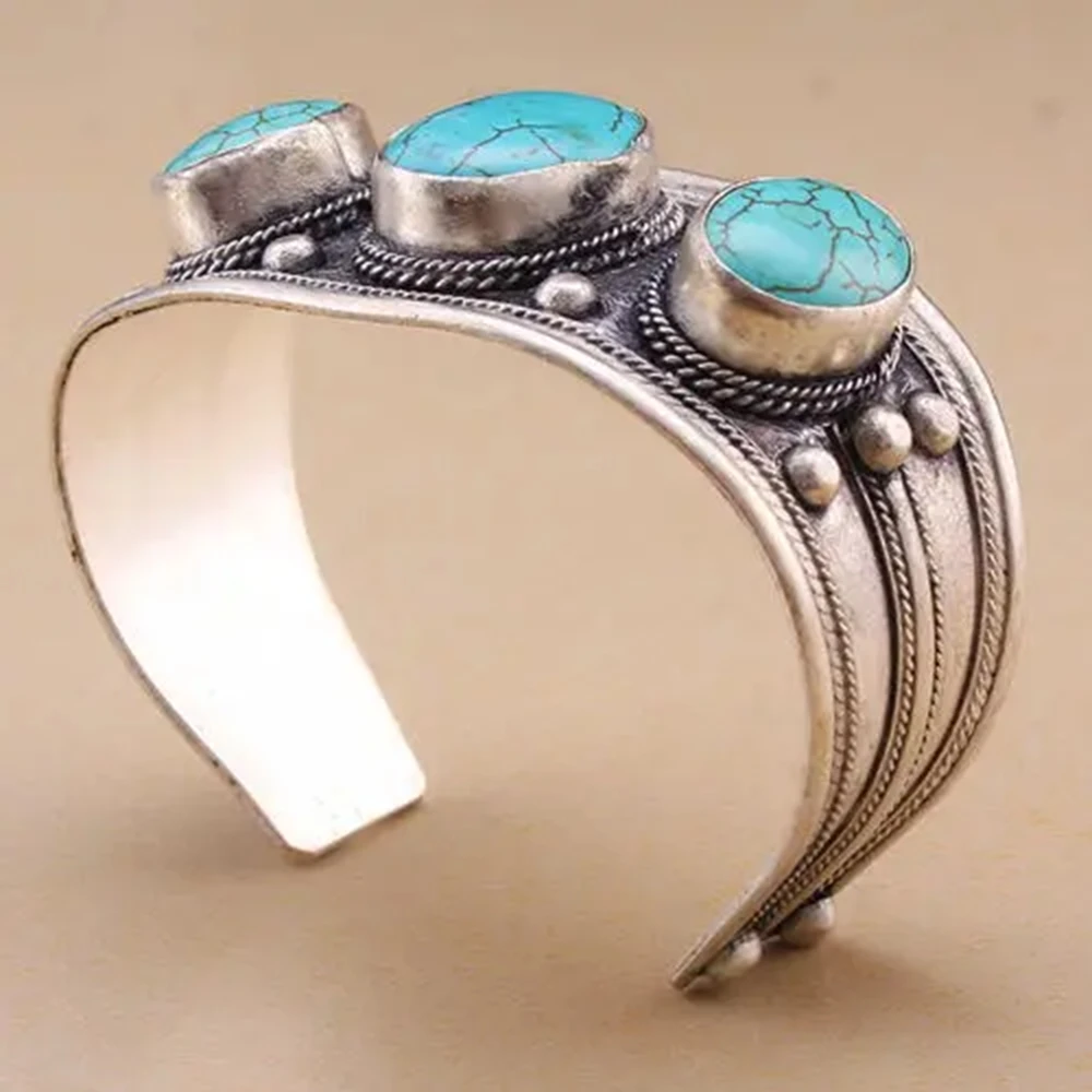 Turquoise Oval 3 beads Tibetan Silver cuff bracelet Adjustable Size Jewelry for Women Girls or Men's