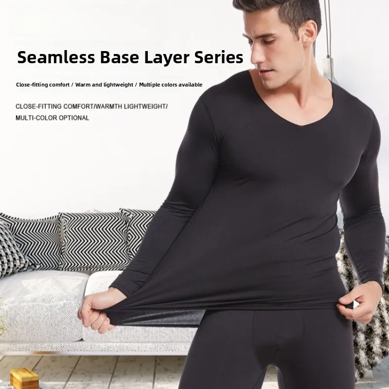 

Men's Thermal Underwear Set V-Neck Thin Warmth Self-Heating Autumn Clothes Long Sleeve Knitted Fabric Pure Color Youth Size