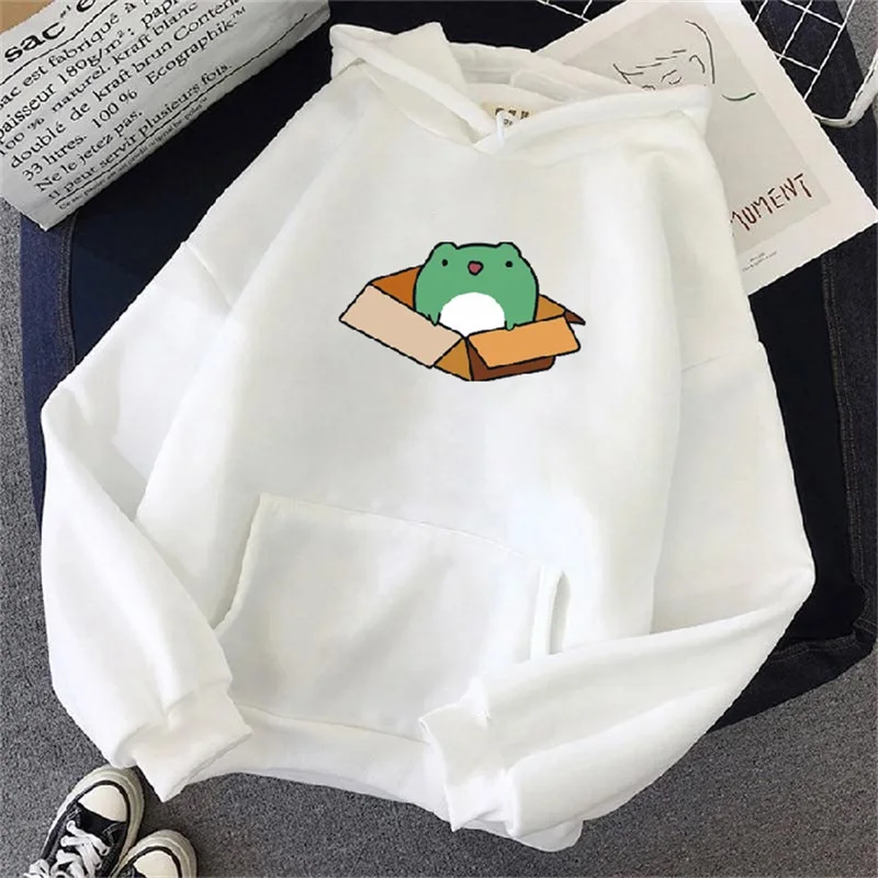 

Winter Skateboarding Frog Oversized Sweatshirt Men's and Women's Hoodie Harajuku Warm Hoodie Pulling Rope Beige Men's Korean Sty