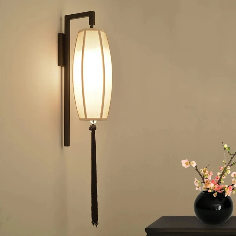 New Chinese Style Vintage Wall Lamp Hand-painted Blue-and-White Bamboo Tassel LED Light for Living Room Bedroom Hallway Decor