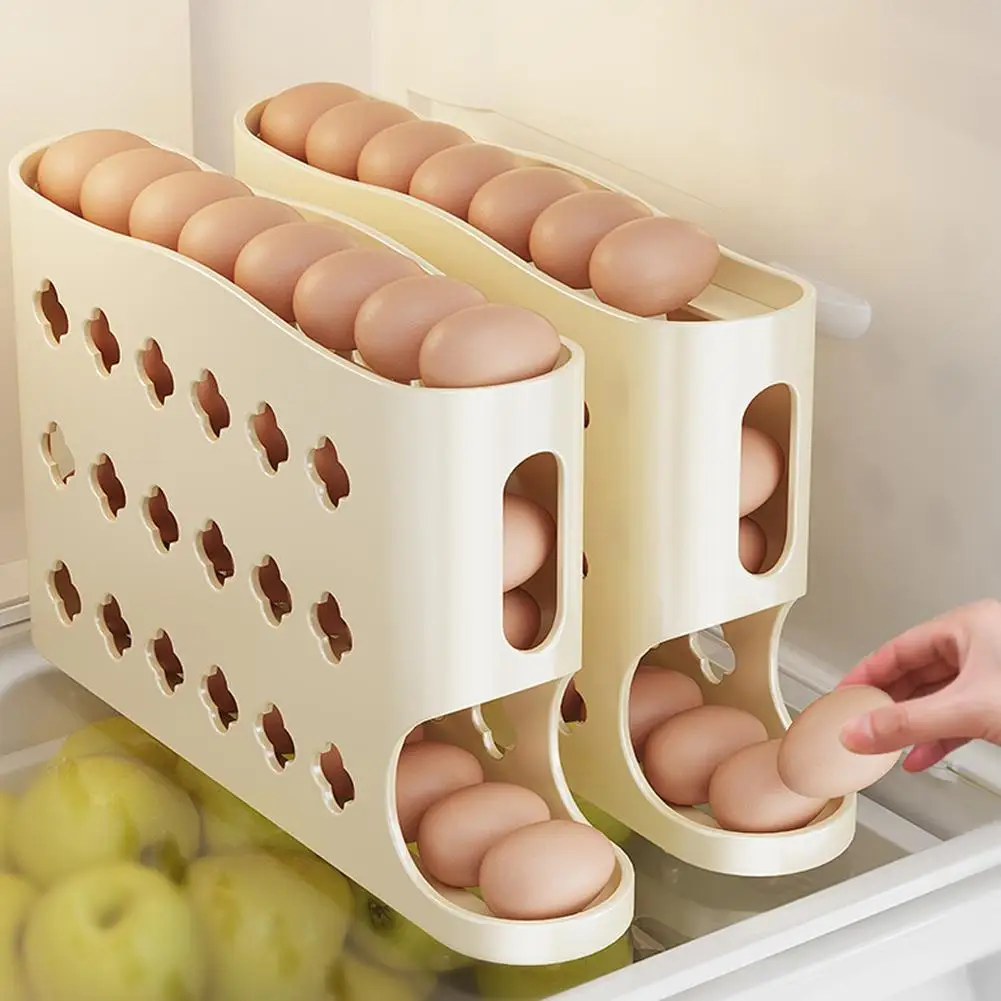 4 Layers Automatic Rolling Egg Holder Rack Fridge Egg Storage Box Container Kitchen Refrigerator Egg Dispenser Fridge Organizer