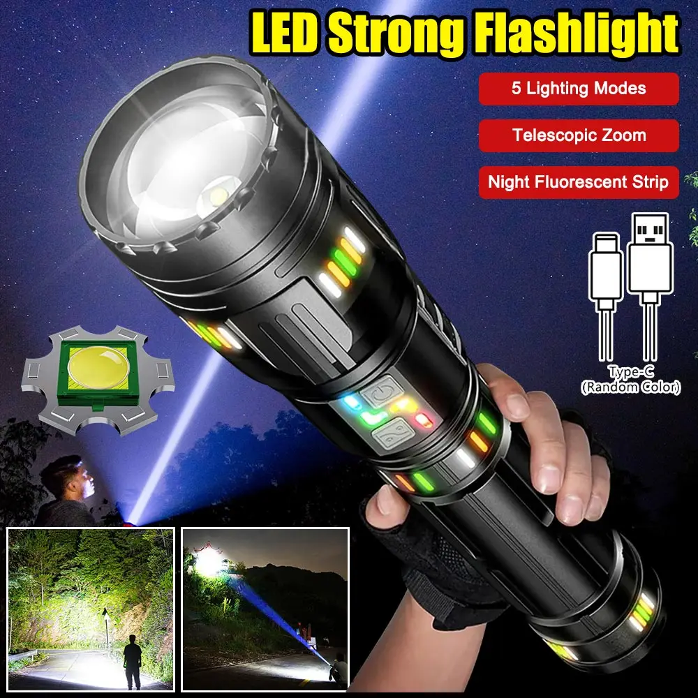 Super Bright Flashlight Zoom Long Range Flashlight Fluorescent Absorbing Film Luminous Rechargeable Outdoor Camping Emergency