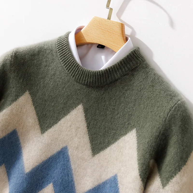 Autumn Winter 100% Merino Wool Men‘s O-Neck Color-Blocking Sweater Pullover Cashmere Long Sleeves  Soft Casual Clothing Top
