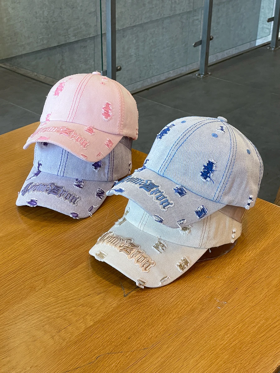 New Embroidered Distressed Denim Baseball Cap Stylish Ripped Dad Hat Outdoor Adjustable Sun Protection Sports Hats Women Men