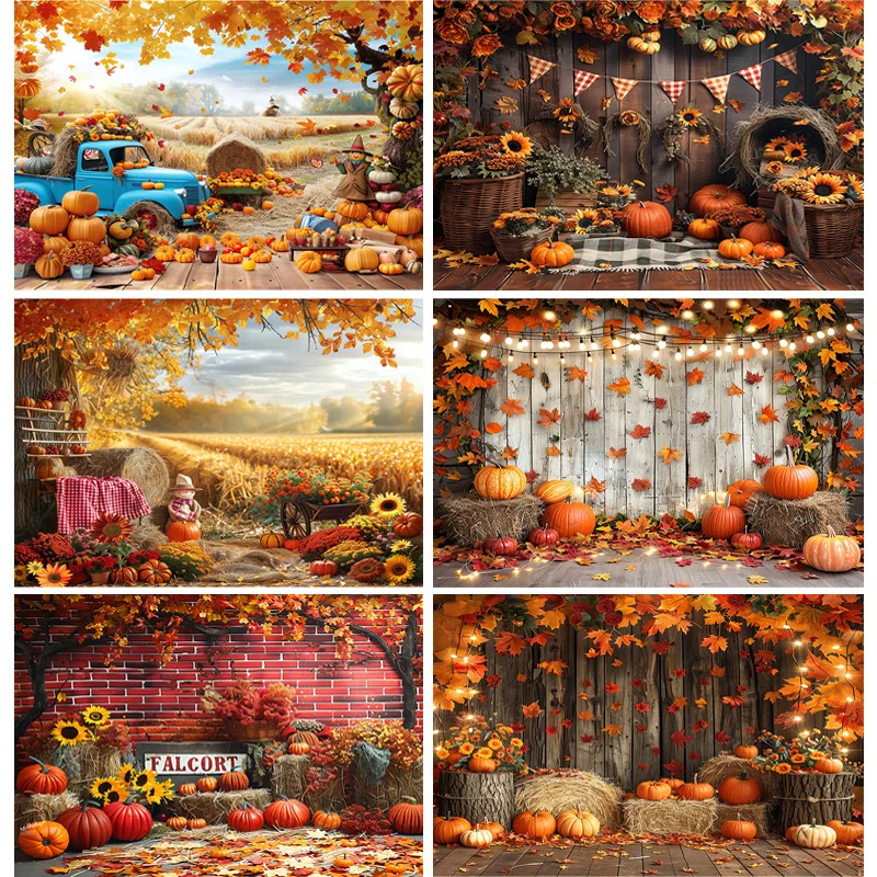 

Autumnal Pumpkins Farm Photography Backdrops Props Halloween Fall Field Maple Leaf Scarecrow Fence Photo Studio Background FM-01