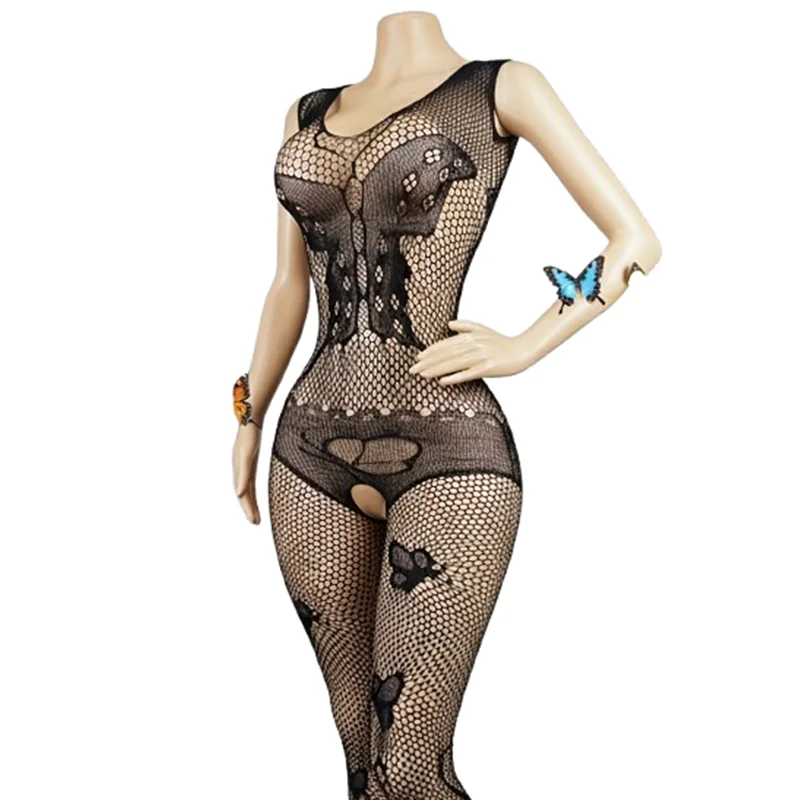Body negro elegante y sensual de una sola pieza: un body de encaje con un diseño de mariposas, perfecto para usar como lencería en el dormitorio o en fiestas.