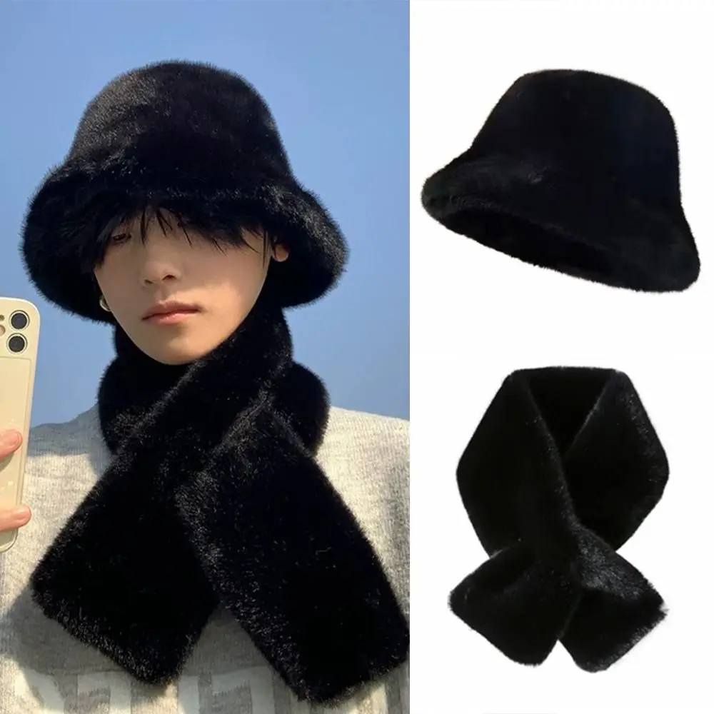 Moda inverno autunno cappelli a secchiello in pelliccia sintetica antivento addensare cappello da uomo sciarpa all'aperto soffice sciarpa calda maschile