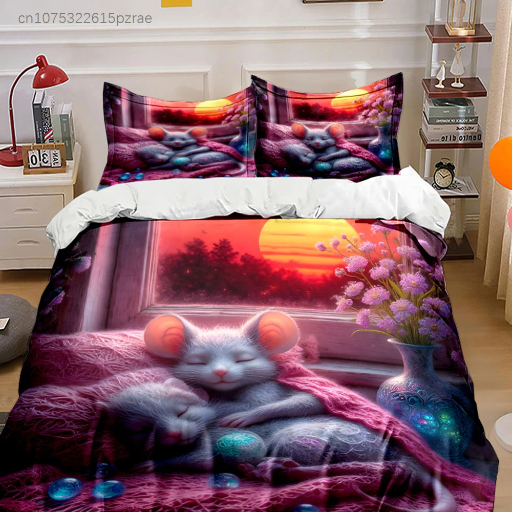 Cute Mouse Sunset Decor Set, Multiple Sizes kid's And adults' Bedroom Exquisite 3PC Bedding set, Gift