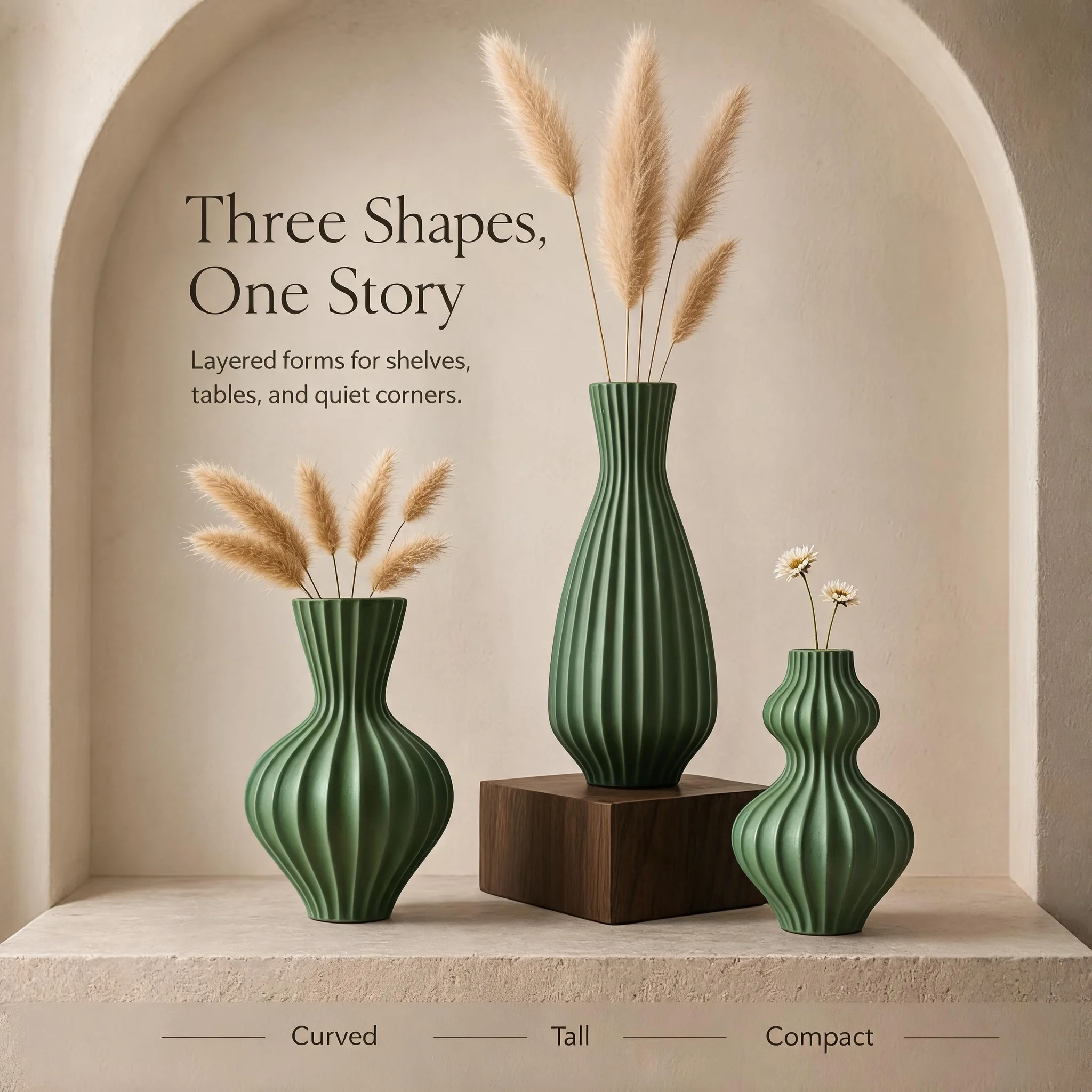 Dark Green Matte Vertical Fluted Vase Set of 3, Vintage Gourd Shape Dry Flower Container for Rustic Home Table Decor
