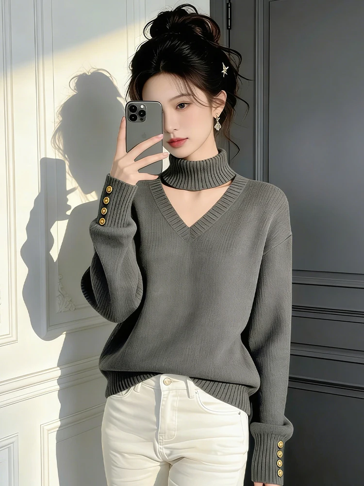 

Simple Color Hollow out Knitwear Women's Spring New Lazy Sle Small Size Meat Covering Slimming Versatile Top