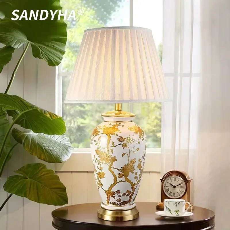 

SANDYHA American Classical Ceramic Desk Lamp Bedroom Decoration Dining Table Lighting Living Room Home Fabric Lampshade Design