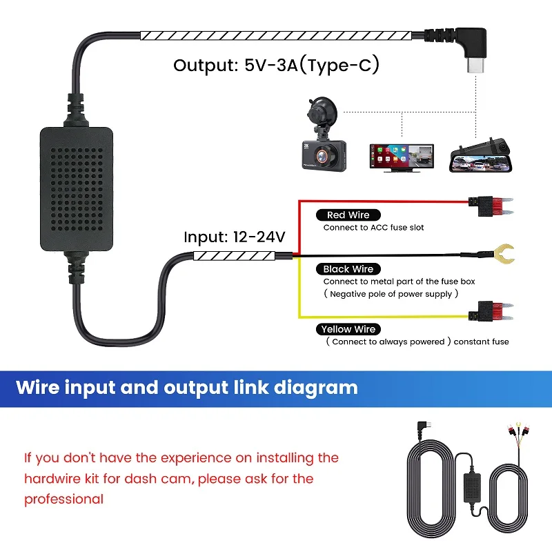 3A 3.5m Dash Cam per auto DVR 12-24v Cavo rigido Kit Step-Down Line Mini / Micro / Tipo-C Caricatore interfaccia USB Dashcam Camera