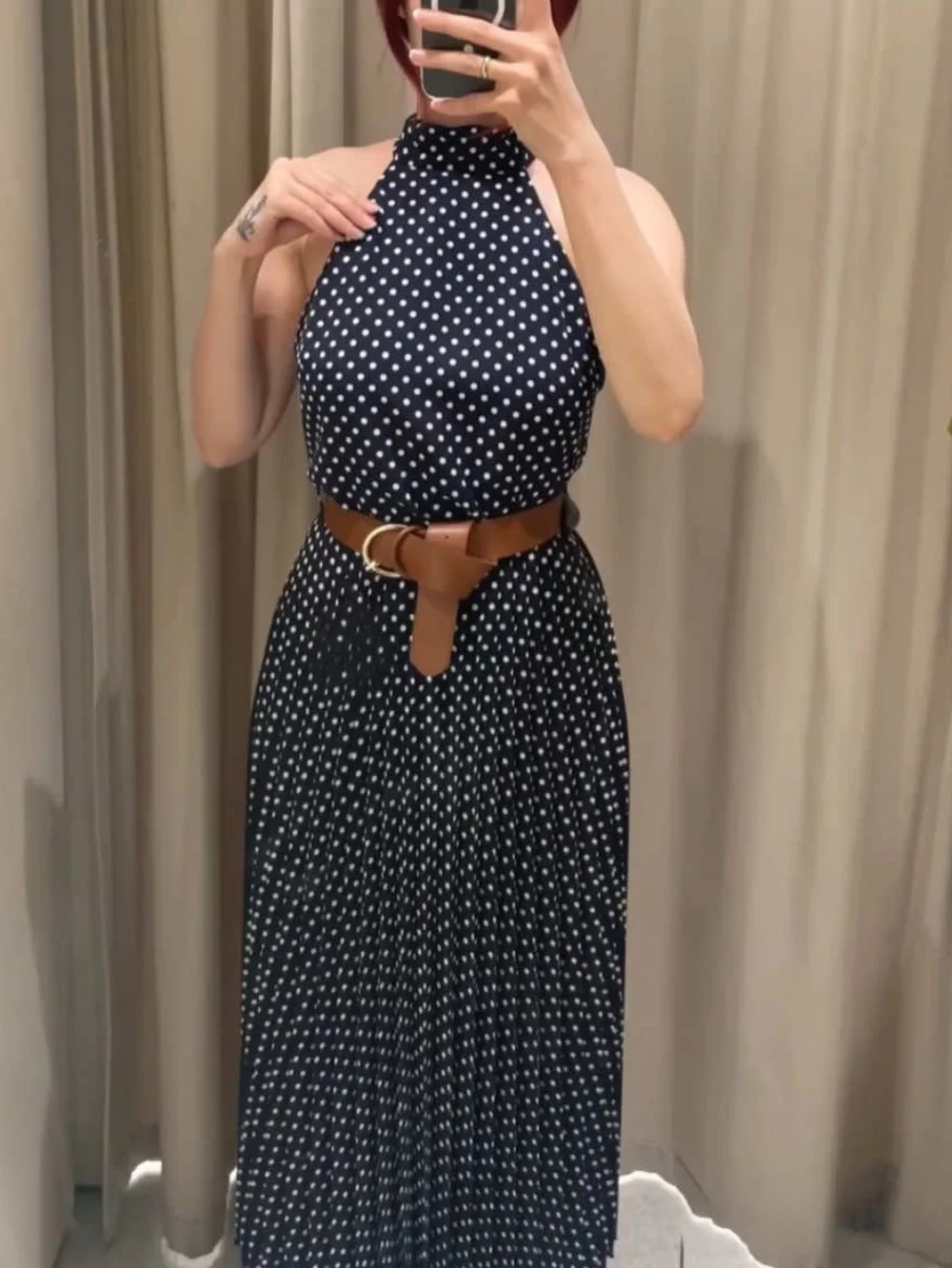 Vestido largo sin mangas de lunares a la moda de verano para mujer con cinturón con cremallera diseño sin espalda vestido de temperamento Sexy