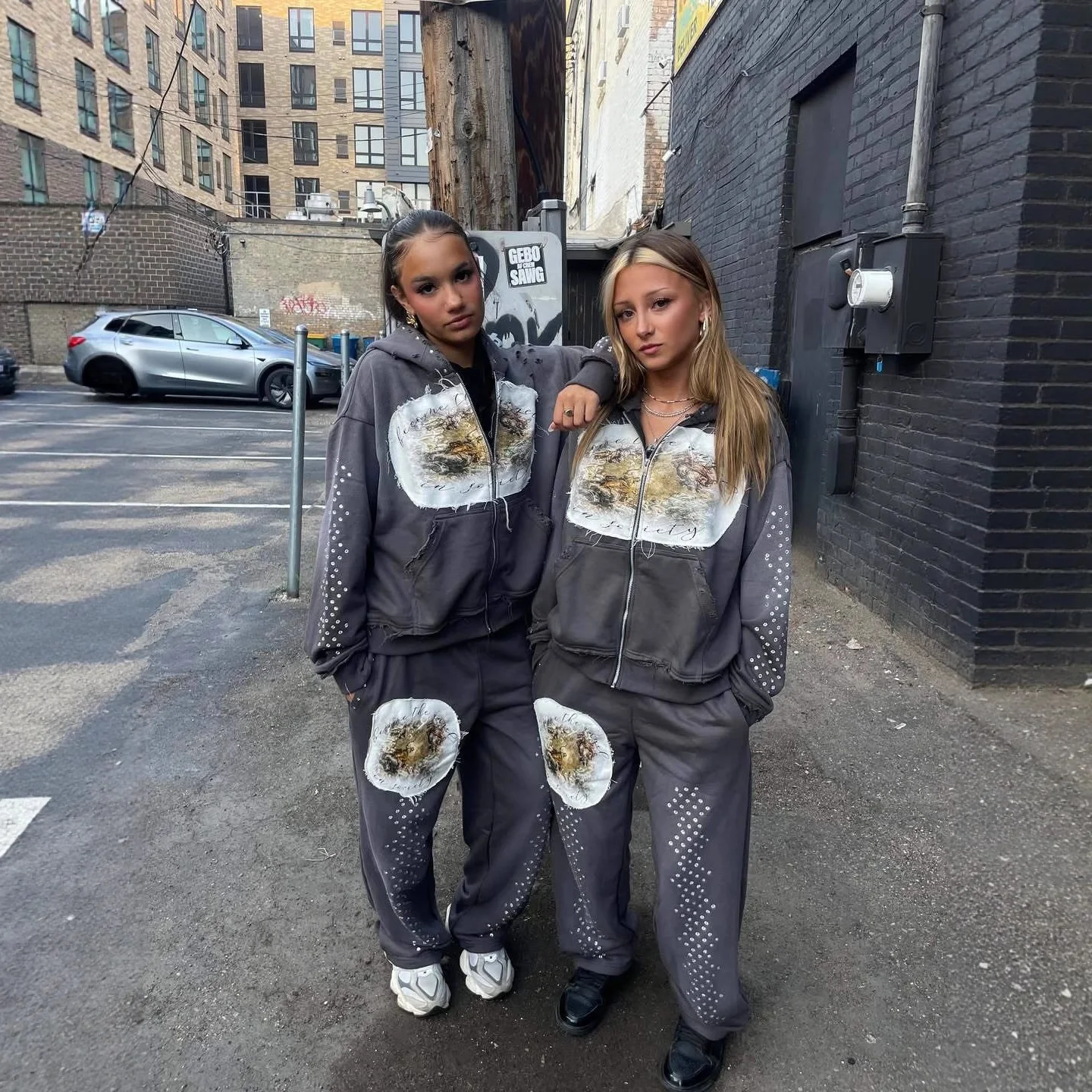 アメリカンスタイル 秋冬 ストリートファッション パーカー パッチワーク ローウエスト ドローストリング カジュアルパンツ セットアップ レディース