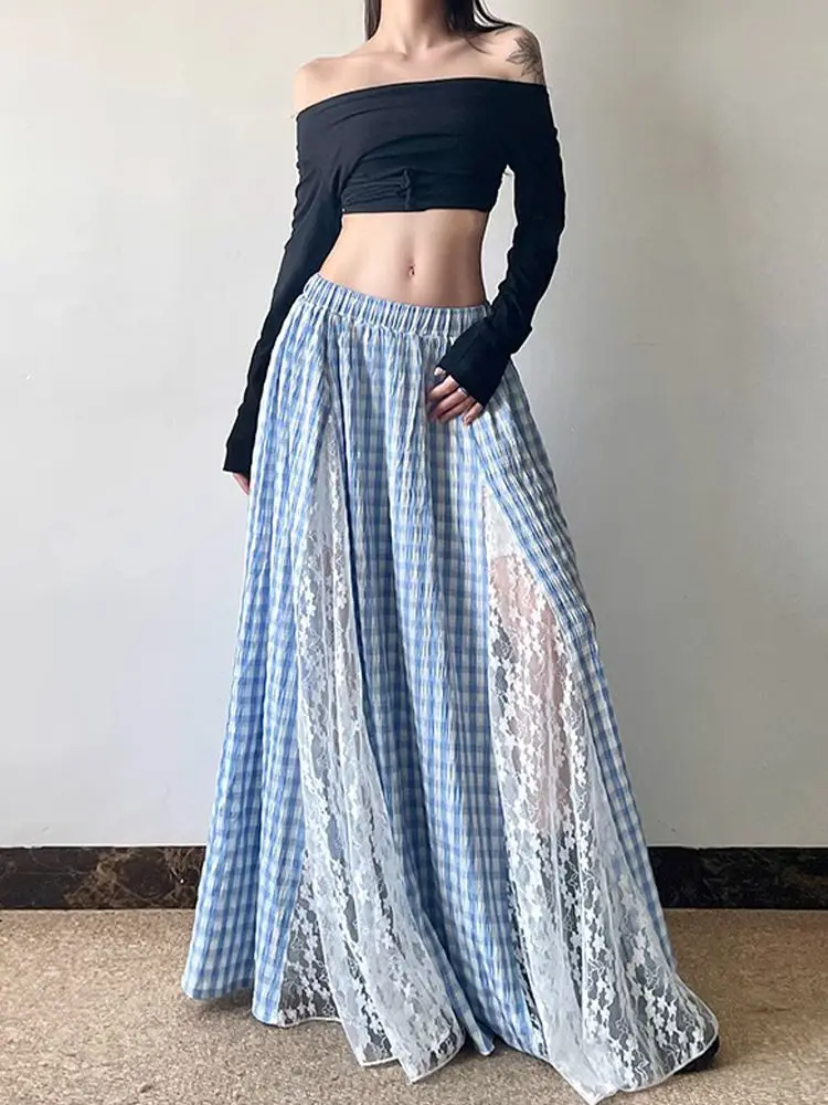 Jupe à carreaux en dentelle pour femmes, élégante, Patchwork, Fairycore, douce, Vintage, longue, Style coréen, rétro, ligne a, à volants