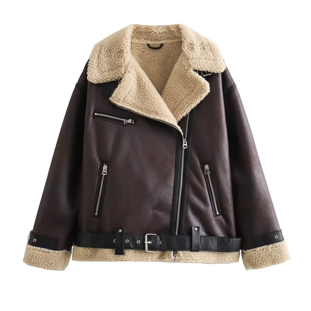 PB&ZA 2024 early autumn new women\'s casual fashion versatile belt plush collar double-sided jacket coat