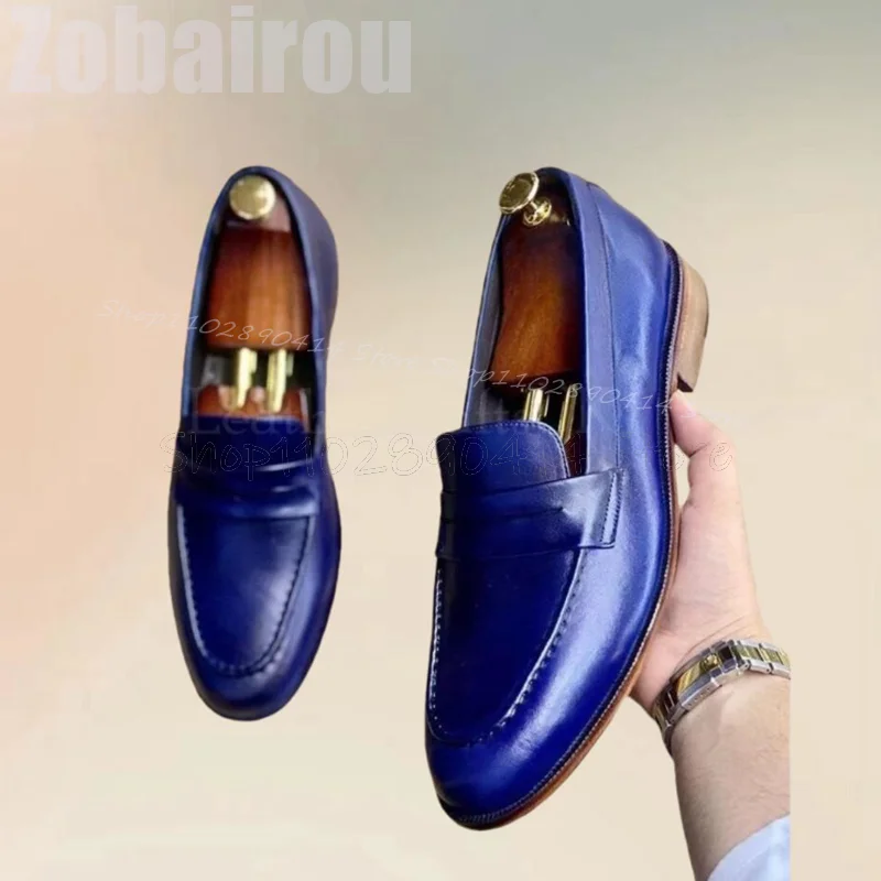 

Blue Sewing Design Matte Leather Penny Loafers Fashion Slip On Men Shoes Luxurious Handmade Party Banquet Office Men Dress Shoes